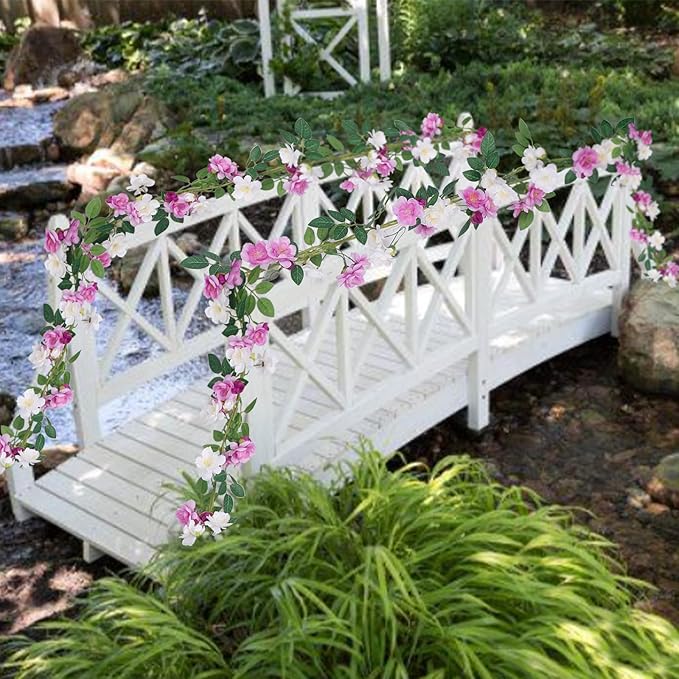 2 Pcs Artificial Flowers Garland for Outdoors Faux Gardenia Garland 12Ft Purple and White Silk Rose Hanging Vines Floral for Wedding Arch Party Wall Garden Ceremony Backdrop Fence Spring Decor