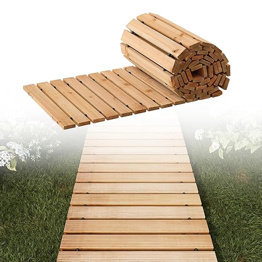 12FT Straight Wooden Garden Pathway Walkway Outdoor Roll Out Decorative Garden Non-Slip Patio Path Decorative Boardwalk Outdoor Road Floor for Backyard Beach Wedding Party