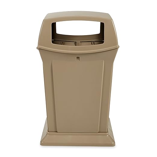 Rubbermaid Commercial Products Ranger Trash Can with 4 Opening Lid, 45 GAL, Beige Plastic, Outdoor for Stadiums/Parks/Shopping Plazas