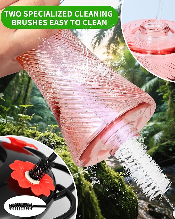 Hanging 20oz Glass Hummingbird Feeder with Moat, Small Outdoor Plastic Bird Feeder, Squirrel Proof, Ants, Outside Water Dispenser for Garden (Pink Glass Bird Feeder)