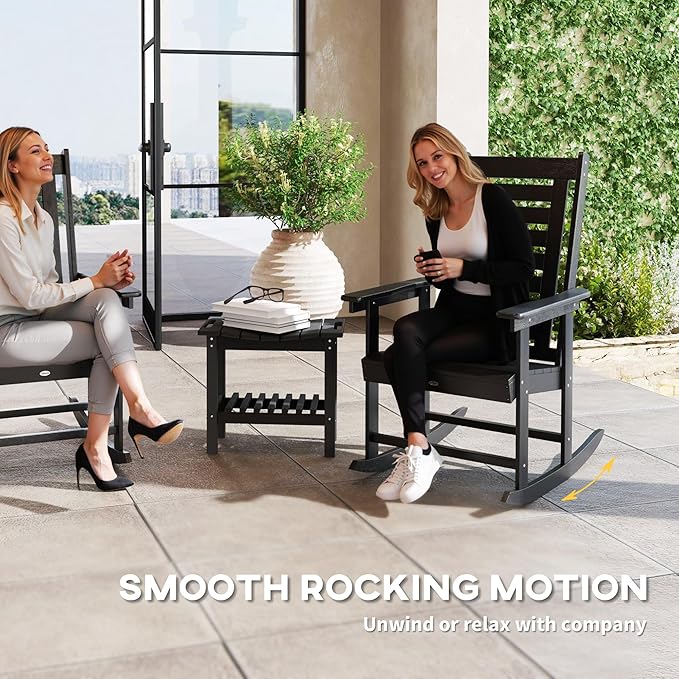Outsunny Outdoor Rocking Chairs Set of 2, HDPE Patio Rocking Chairs with 28" High Back and Wide Armrests, All-Weather Slatted Porch Rockers for Garden, Balcony, Fire Pit, Black