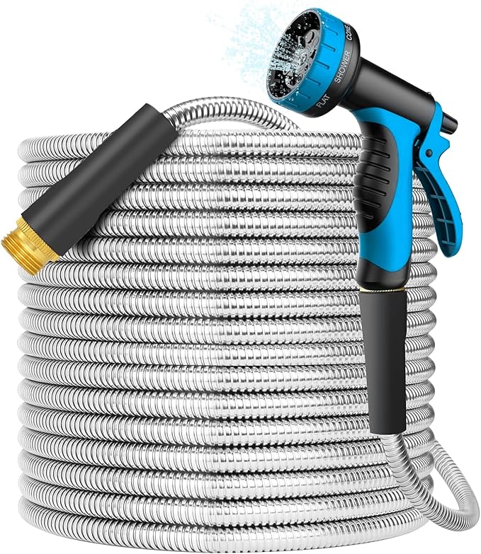 50FT Water Hose with 10 Functions, Adjustable Spray Nozzle, Flexible Durable No Kink Leak Dog Proof Stainless Steel Garden Hose 50FT for Yard Lawn