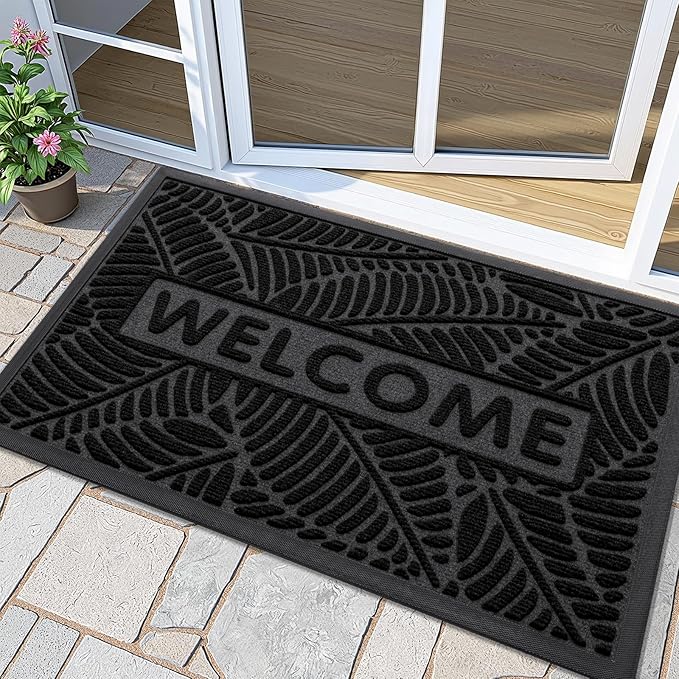 Smiry Welcome Mat Indoor Outdoor, All-Season Waterproof Front Door Mat, Sturdy Natural Rubber Doormat, Non-Slip, Easy Clean, Low Profile Dirt Trapper for Porch Patio Entrance, 47x23, Black
