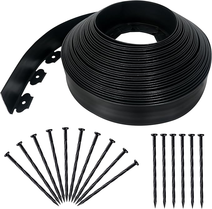 3.15" x 100' No Dig Landscape Edging, Flexible Garden Edging Borders with 150 Anchoring Spikes, Plastic Lawn Edging for Landscaping Garden Flower Beds Grass Yard Paver Pathway, Black