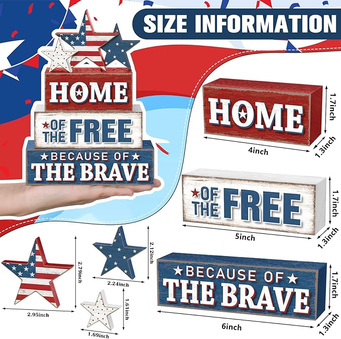 4 Pcs 4th of July Patriotic Table Decor Flag Star Wooden Sign Home of the Free Because of the Brave Block Red White Blue Tiered Tray Decor Rustic Tabletop Centerpiece for Home Desk Shelf Mantel