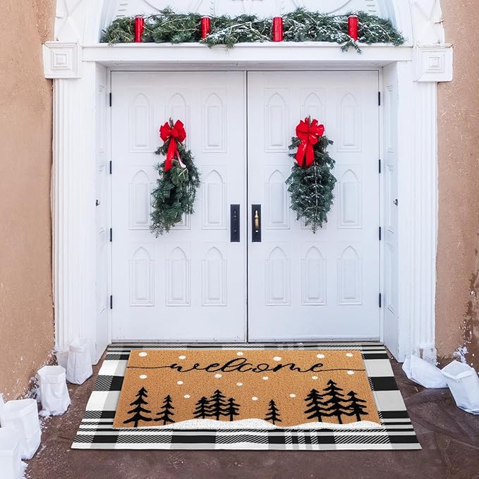 Tinideya 2 Pcs Winter Door Mat Christmas Welcome Non Slip Coir Mats Floor Layering Christmas Tree Snowy Black White Buffalo Plaid Doormats Seasonal for Front Porch Entryway Decor(Snowy Tree)
