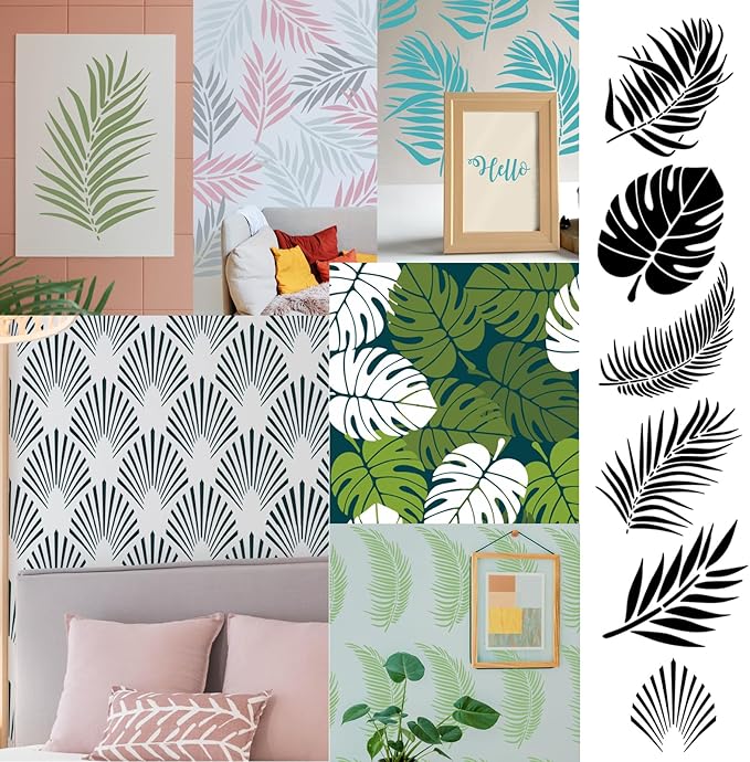 6 Large Tropical Jungle Leaf Stencils Set - 16 x 12 Inch, Reusable Palm & Fern Leaf Stencils for Painting on Walls, Floors, Garden Fence, Furniture, Canvas, Wood, Home Wall Decor & DIY Art Crafts