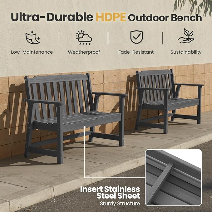 Ciokea 49" Heavy Duty Outdoor Bench Set of 2, HDPE Weatherproof Garden Bench, 2-Person Memorial Benches with 660 Lbs, Waterproof Patio Porch Benches for Outside Business Office Backyard, Dark Grey