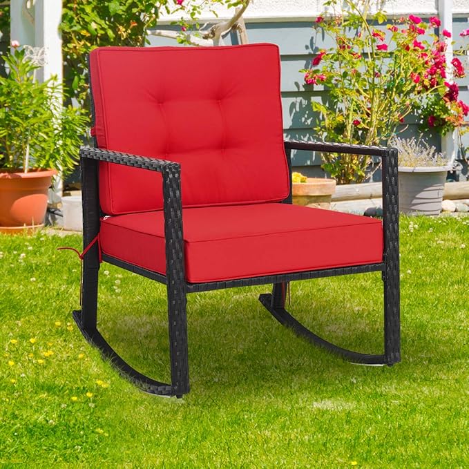 Tangkula Wicker Rocking Chair, Outdoor Glider Rattan Rocker Chair with Heavy-Duty Steel Frame, Patio Wicker Furniture Seat with 5” Thick Cushion for Garden, Porch, Backyard, Poolside (1, Red)