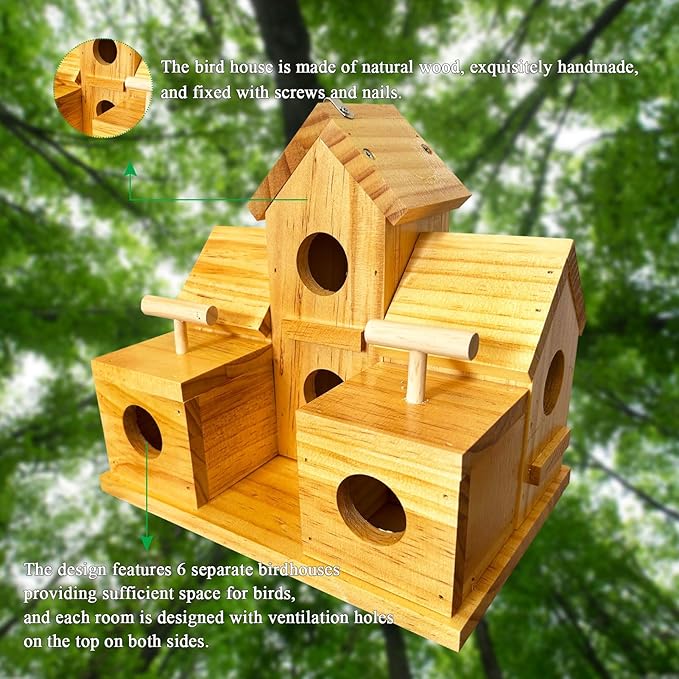 Bird Houses for Outside Clearance, Large Bird House for 6 Bird Families Finch Cardinals Wooden Hanging Birdhouses for Outdoors Garden, Bluebird House Hummingbird Houses