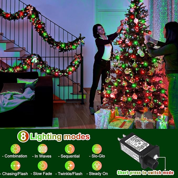 100FT 300 LED Outdoor String Lights, Connectable Christmas Lights Indoor Waterproof with 8 Modes, Plug in Twinkle Fairy Lights Clear Wire for Bedroom Home Wedding Patio Decorations, Red and Green
