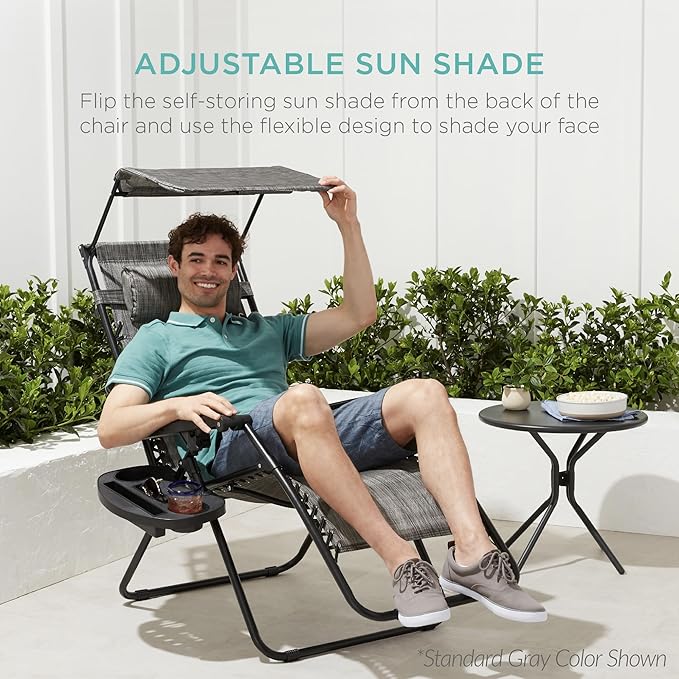 Best Choice Products 30” Wide Folding Zero Gravity Outdoor Recliner Patio Lounge Chair w/Adjustable Canopy Shade, Headrest, Side Accessory Tray - Cobalt Blue