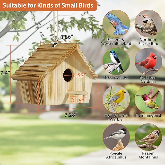 Auslar Bird House, Bird Houses for Outside, Wooden Birdhouse for Outdoors, Hanging Bluebird House for Cardinals Finch Wren Swallow for Wild Bird Viewing