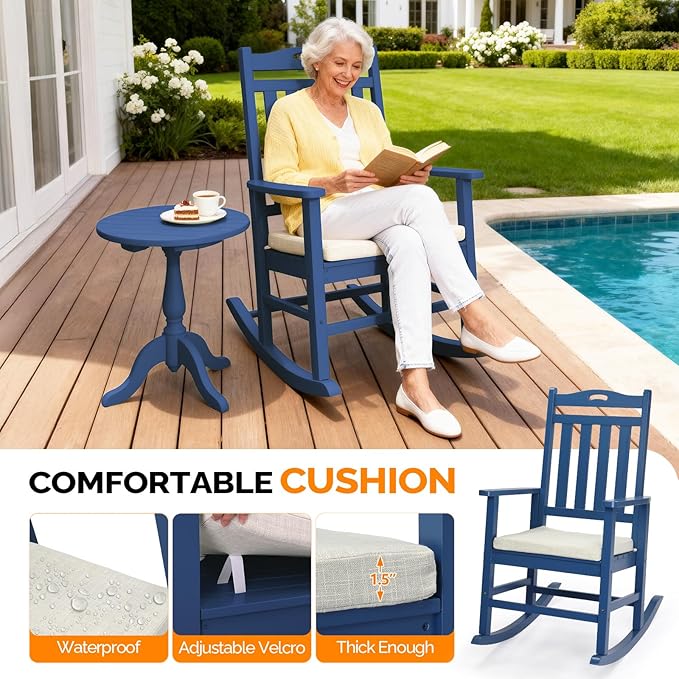 VINGLI Outdoor Rocking Chair, Heavy Duty 450 lbs Poplar Wooden Rocking Chair with High Backrest Design, Come with a Cushion, All-Weather Lounge Rocker Support for Garden, Deck (Navy Blue)