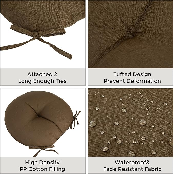 Bistro Chair Cushions 15 inch,Set of 2,Tufted Round Chair Cushions with Ties,15"x15"x4",Water Resistant Round Seat Cushion for Barstool Chairs,Patio Garden Kitchen Outdoor Furniture(Coffee Brown)