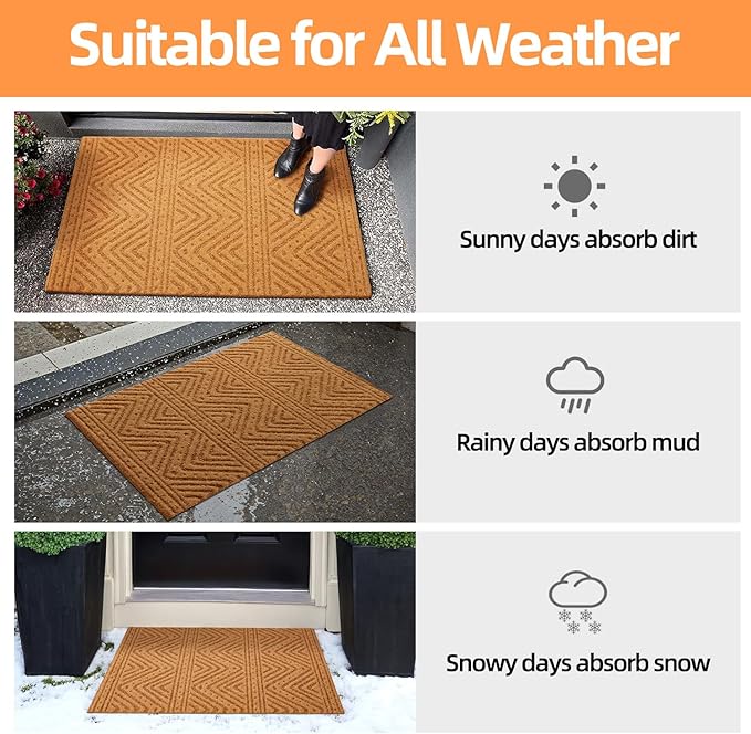 Front Door Mat Indoor Outside Entrance, Heavy Duty Dirt Trapper Coir Doormat with Non Slip Backing Entryway Rug for Front Back Door, 24x36, Brown