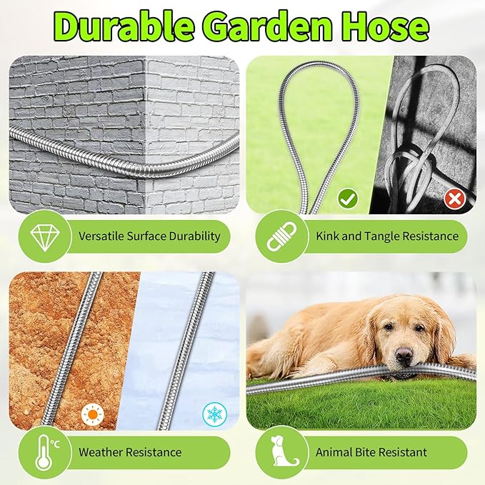 GOXAWEE Garden Hose 100FT, Stainless Steel Heavy Duty Water Hose With 10 Function Nozzle, No-Kink, Tough & Flexible, Sturdy and Lightweight, Rust Proof for Yard, Outdoor, RV