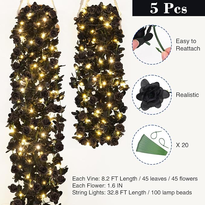 BLEUM CADE 5Pcs 41Ft Flower Garland Artificial Rose Vines with 32.8Ft String Lights, Cute Fake Hanging Flower Vines Floral Garland Decorations for Halloween Wedding Party Room Decor Aesthetic