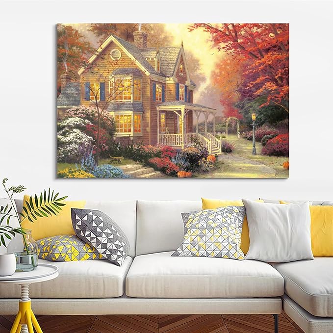STUDIO HAVEN Thomas Kinkade Canvas Wall Art, Autumn Cottage with Glowing Windows Flower Garden Pumpkins and Cat Oil Painting Poster Cozy Fall Wall Decor, Framed Prints for Home Decor, 16x12Inch