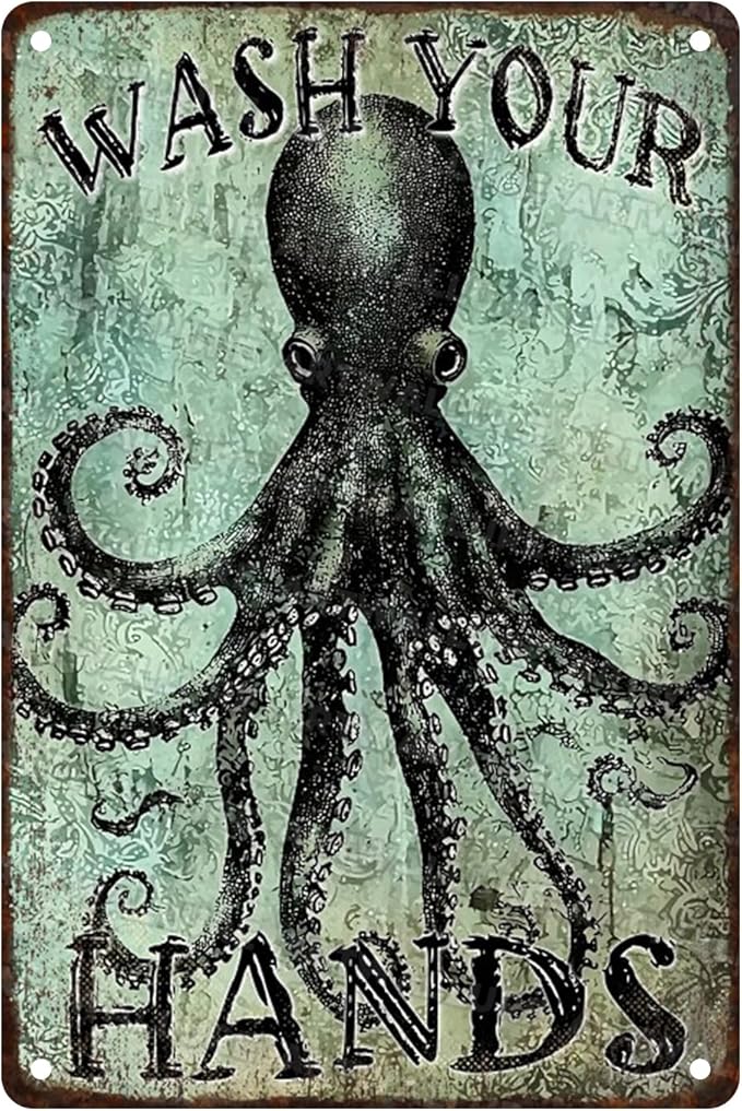 Funny Octopus Metal Tin Sign Wash Your Hands Vintage Tin Signs Bathroom Signs Restroom Decor Guest Wall Decor 8x12inch