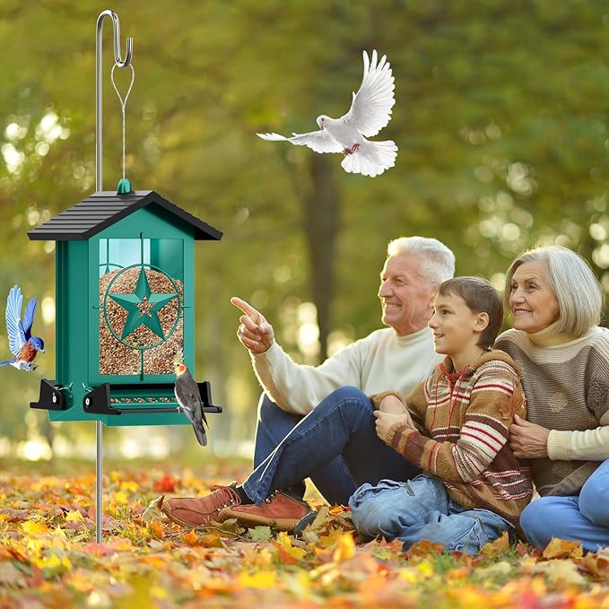Squirrel Proof Bird Feeder for Outdoors Hanging, Metal Wild Bird Seed Feeder with Bilateral Weight-Activated Perches, 5LB Large Capacity Wild Bird Feeders for Outside Finch, Cardinal, Blue Jay