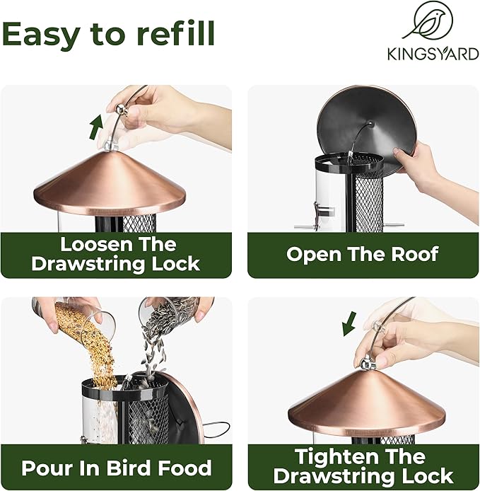 Kingsyard Metal Bird Feeder for Outdoor Hanging - Chew Proof Bird Finch Cardinal Feeder with Dual Chamber of 4 lbs Capacity for Bluebird, Antique Copper