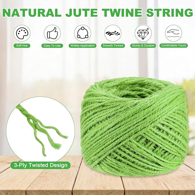 2-Pack Natural Jute Twine String, 3mm x 328ft/100m Long Garden Twine Balls for Crafts/Gift Wrapping/Gardening Plants, Durable Plant Ties Thick Rope [Light Green]