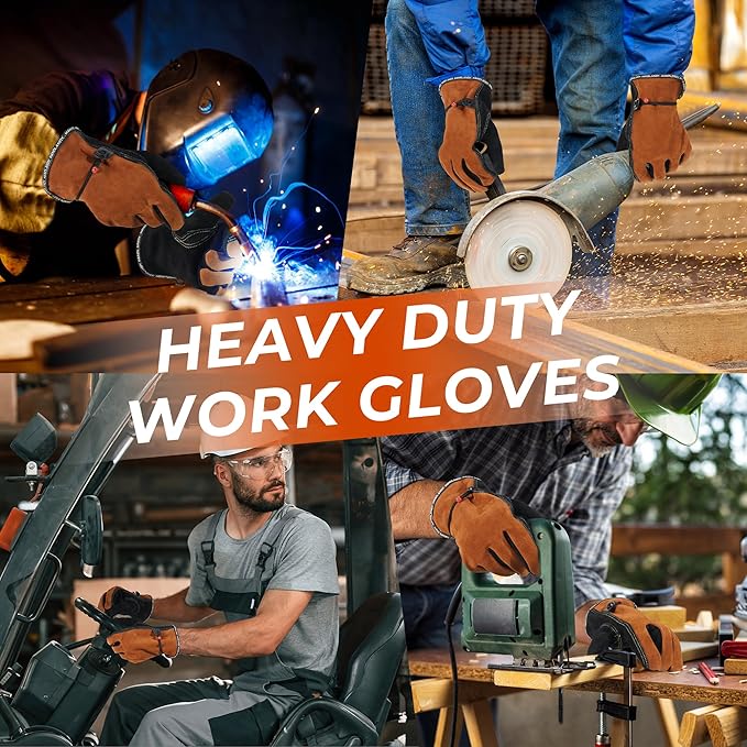 HANDLANDY Leather Work Gloves for Men and Women, Utility Tough Cowhide Glove