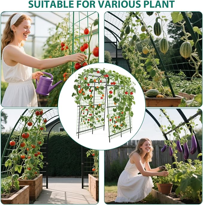 7.5FT Metal Garden Arch Trellis with Netting, Adjustable 35"–45" Arbor for Climbing Plants, Roses, Grapes & Vegetables, Weatherproof Steel Pergola with Ground Clips, Easy Fold-Out Assembly