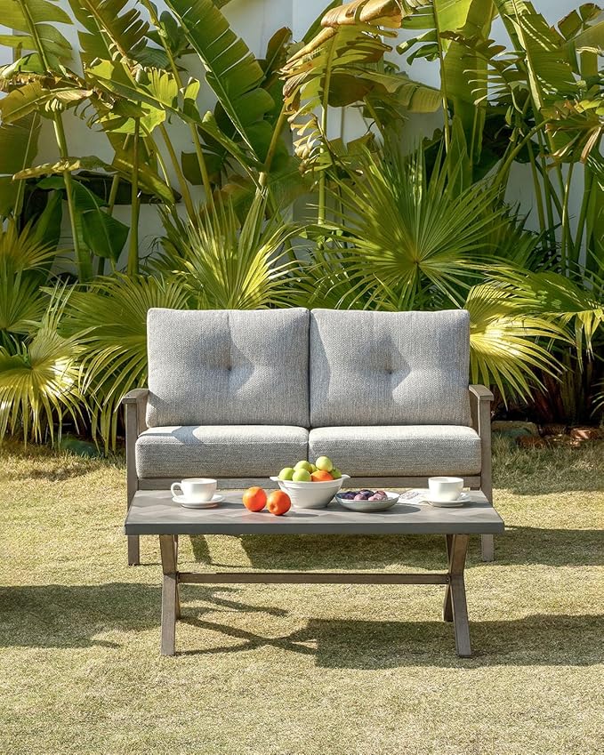Patio Furniture Loveseat Sofa, Outdoor Aluminum Couch with 5.9'' Soft Cushion, All-Weather Outdoor 2 Seats Patio Furniture Sofa Couch for Garden, Poolside, Lawn, Limed Oak