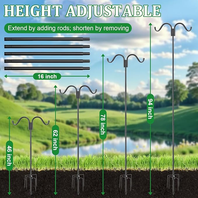 Double Shepherds Hooks for Outdoor, 62 Inch Adjustable Bird Feed Pole with 5 Prongs Base, Heavy Duty Shepherds Hook for Bird Feeder, Bird House, Light Plant, Wind Chime, Hummingbird Feeder, Lantern