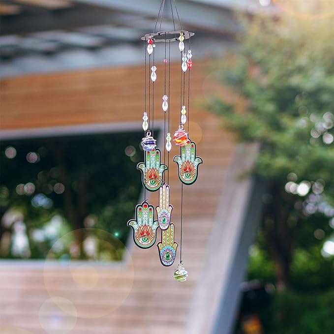 Wind Chimes Outdoor Decor, Metal Memorial Windchimes Hanging Decoration for Garden Home Yard and Christmas Tree,15'' Hamsa Hand Evil Eye Chakra Glass Beaded Design Christmas Decor