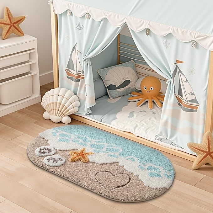 LUMI Beach Bathroom Rugs, Non Slip Bath Mat Ultra Soft Washable Absorbent Quick Dry, Ocean Sea Theme Bath Rug with Starfish Shell for Shower Floor, Kitchen Decor, Kids Room, 24"x44"
