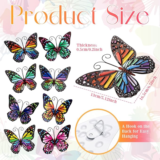 Jetec 8 Pcs Metal Butterfly Wall Decor 6.5 Inch Outdoor Butterflies Wall Art Sculpture 3D Butterfly Hanging Decoration for Spring Outside Fence Garden Yard Home Patio Balcony(Cute Style)