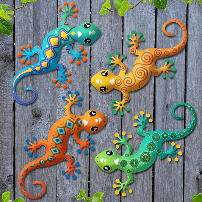 4 Pcs Metal Gecko Outdoor Decorations - Metal Wall Art Hanging Sculpture Decoration for Garden Yard Fence Porch Wall Decor, Gift for Mom Dad Friends
