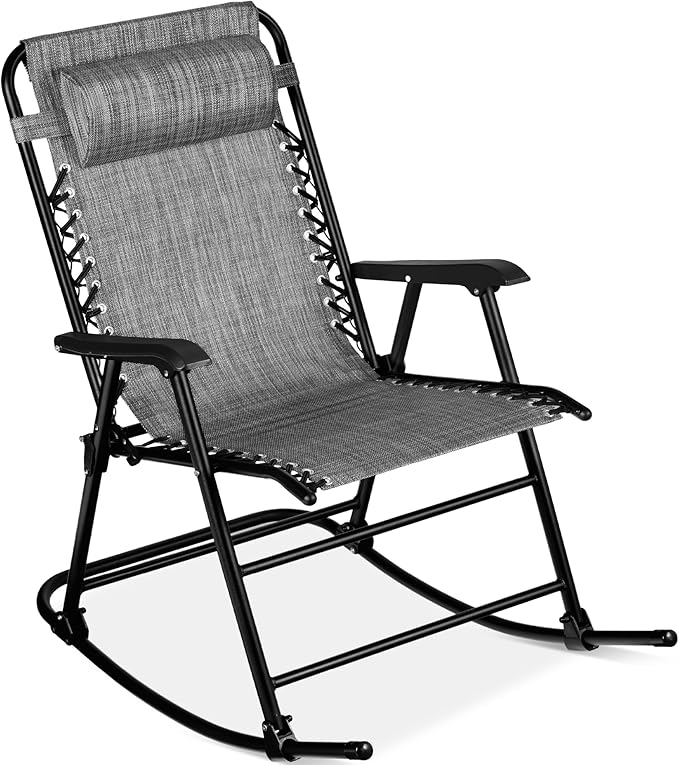 Best Choice Products Outdoor Folding Rocking Chair, Zero Gravity Lounge Chair, Patio Rocker w/Headrest Pillow - Gray