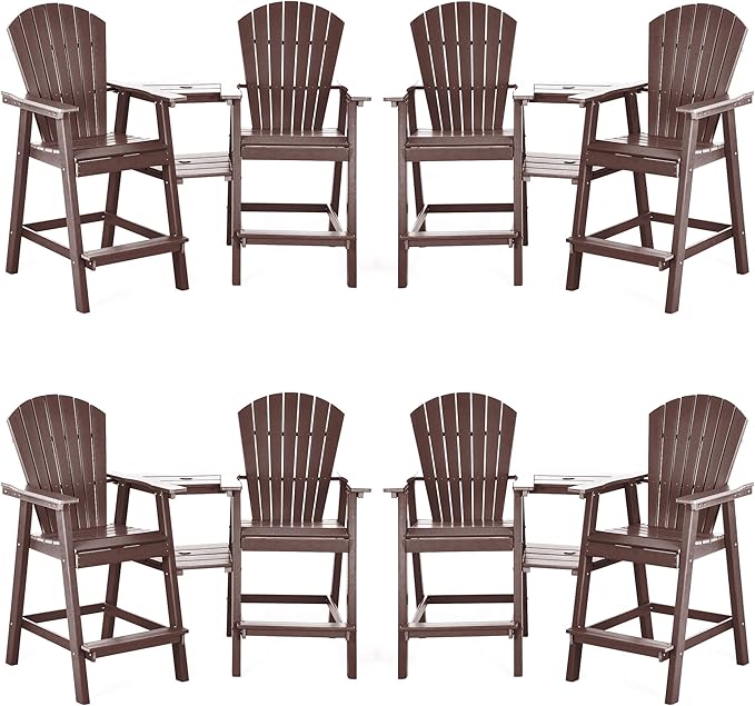 Tall Adirondack Chairs Set of 8, HDPE Balcony Chair with Double Connecting Tray, Weather Resistant Outdoor Adirondack Bar Stools for Patio, Deck, Patio, Backyard, Balcony. (Brown)