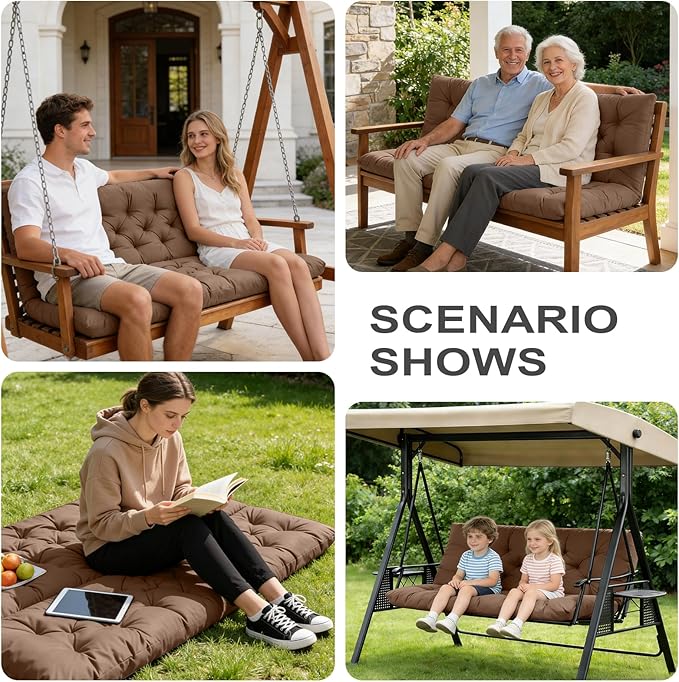 Porch Swing Cushions,Outdoor Cushions 3 Seater Replacement with Backrest, Waterproof Thickened Bench Cushion with Ties for Porch, Patio,Outdoor, Backyard and Garden(Coffee 60 * 40 in)