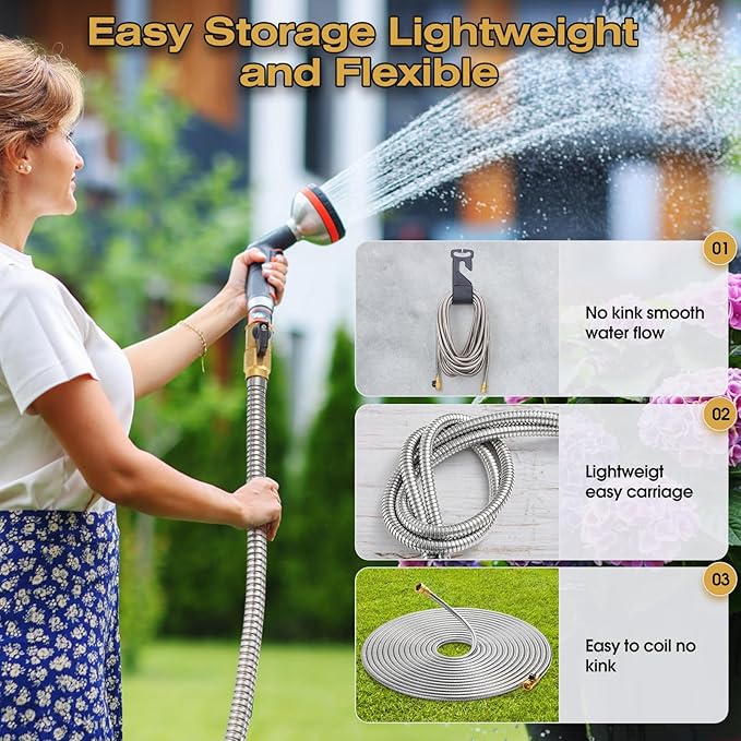 50FT Stainless Steel Metal Garden Hose - Lightweight, Kink-Free & Tangle-Free, Flexible with Brass Fittings, On/Off Valve, Pet Proof, Puncture Proof for Yard, RV, Car Washing (Silver)