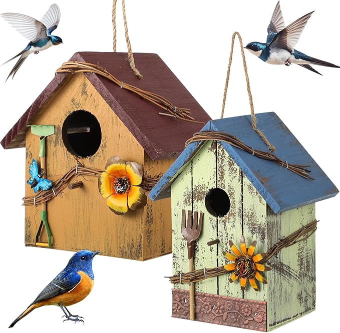 2 Pcs Decorative Birdhouse for Yard Outside Hanging Wooden Birdhouse Hand Painted Bird Box for Bird Lovers Bluebird Tree Swallow Wild Chickadee Garden Decor(Blue,Yellow,Wooden Roof)