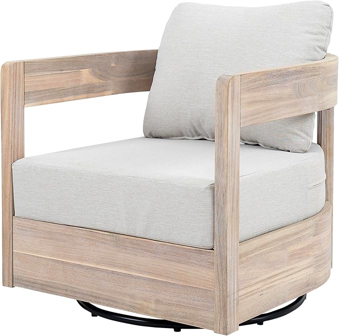Christopher Knight Home Telluride Outdoor Acacia Wood Swivel Club Chair with Removable Cushion, 360° Rotating Patio Armchair for Garden, Balcony, or Poolside Seating, Beige + Light White