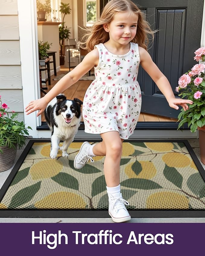DEXI Front Door Mat Outside Entrance, 32x48 Lemon Welcome Doormat, Non Slip Dirt Resist Heavy Duty Entry Mats for Entryway, Yellow