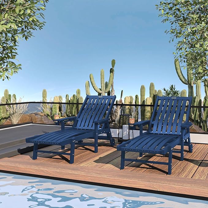 Patio Chaise Lounge Chair Set of 2, Oversized Lounge Chair Outdoor with 5 Positions, HDPE, Patio Lounge Chair with Wheels & Cup Holder for Pool, Deck, Poolside,Navy Blue