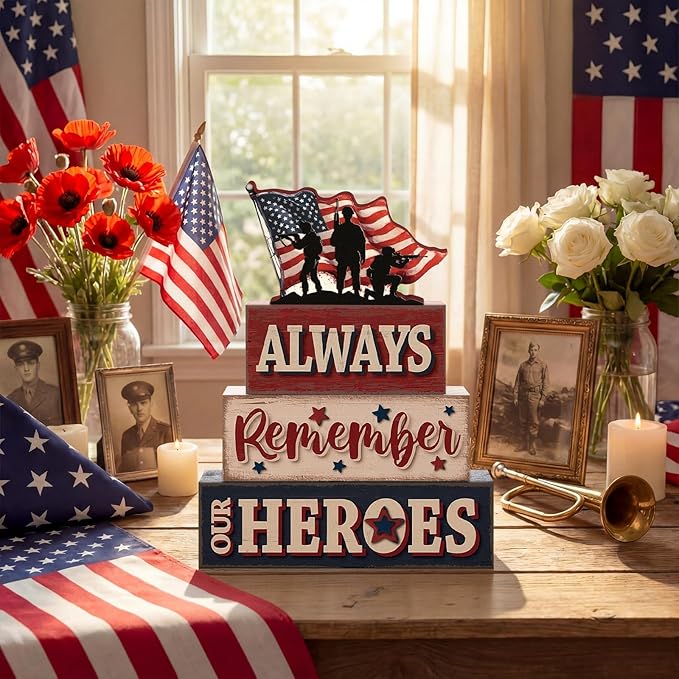4 Pcs Memorial Day Table Decor Patriotic Always Remember Our Heroes Wooden Sign Fourth of July Tiered Tray Decor Red White Blue Table Centerpiece for Home Office Desk Shelf Mantel Decorations