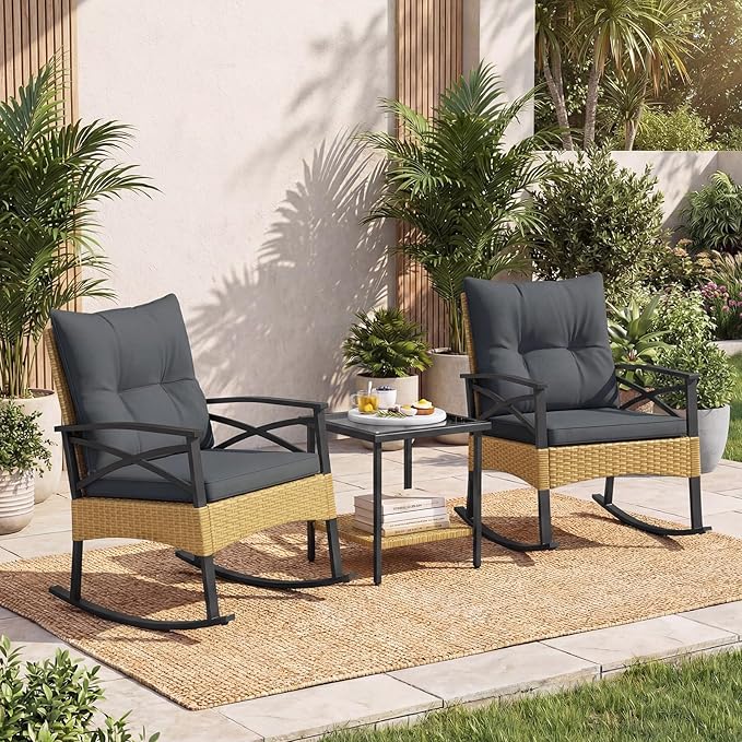 Tangkula 3 Pieces Outdoor Rocking Chairs Set, Rattan Heavy Duty Cushioned Rocker Chairs with 2-Tier Tempered Glass Coffee Table, for Garden, Balcony, Backyard (Yellow+Gray)