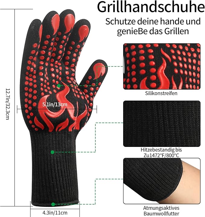 1 Pair/2 Pieces BBQ Gloves, Grilling Gloves, Heat Resistant Barbecue Oven Gloves, 1472°F/800°C Kitchen Fireproof Mitts Heat Proof for Grilling, Baking, Cooking, Welding Gloves Mitts - Red