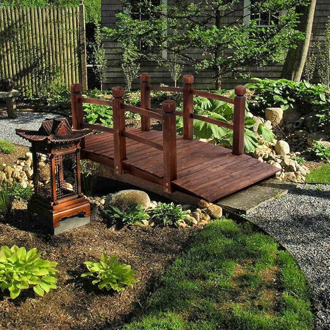 5 ft Garden Bridge, 500 LBS Capacity Arch Bridge Small Wooden Bridge with Safety Rails, Decorative Pond Landscaping, Backyard, Creek or Farm, YABEY01SD