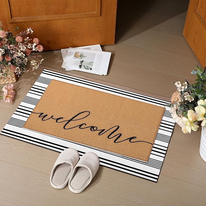 Tinideya 2 Pcs Summer Door Mat Non Slip Wildflower Coastal Hello Sunshine Sweet Home Ocean Pet Welcome Floor Doormat Buffalo Plaid Checked Stripe Mat Seasonal for Front Porch Entryway(Welcome)
