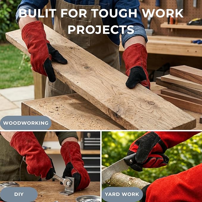 Welding Gloves for Men Women, 16 Inch Leather Heat Resistant Work Gloves, MIG TIG Welding, BBQ, Fireplace