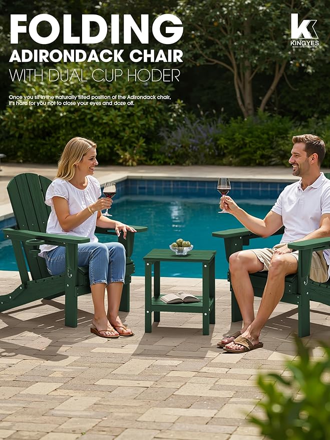 KINGYES Folding Adirondack Chair Set of 2, Dual Cup Holders & All-Weather HDPE, Wood-Like Patio Chair for Backyard, Camping, Pool & Fire Pit, Dark Green